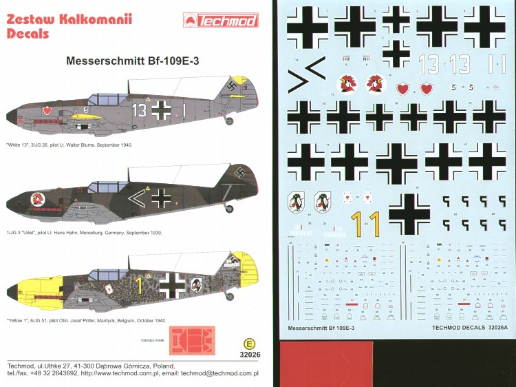 Decal 1/32 Messerschmitt Bf-109E-3 (3) (Techmod)