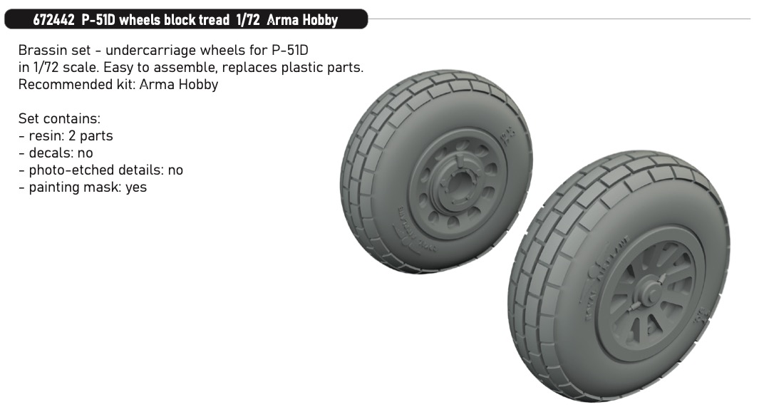 Additions (3D resin printing) 1/72 North-American P-51D Mustang wheels block tread 1/72 (designed to be used with Arma Hobby kits)
