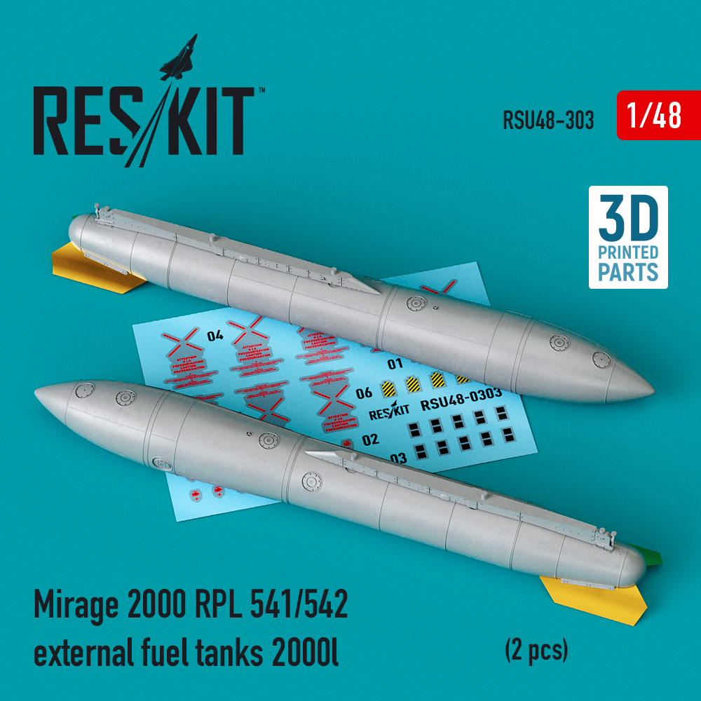Additions (3D resin printing) 1/48 Dassault-Mirage 2000 RPL 541/542 external fuel tanks 2000lt (2 pcs) (ResKit)