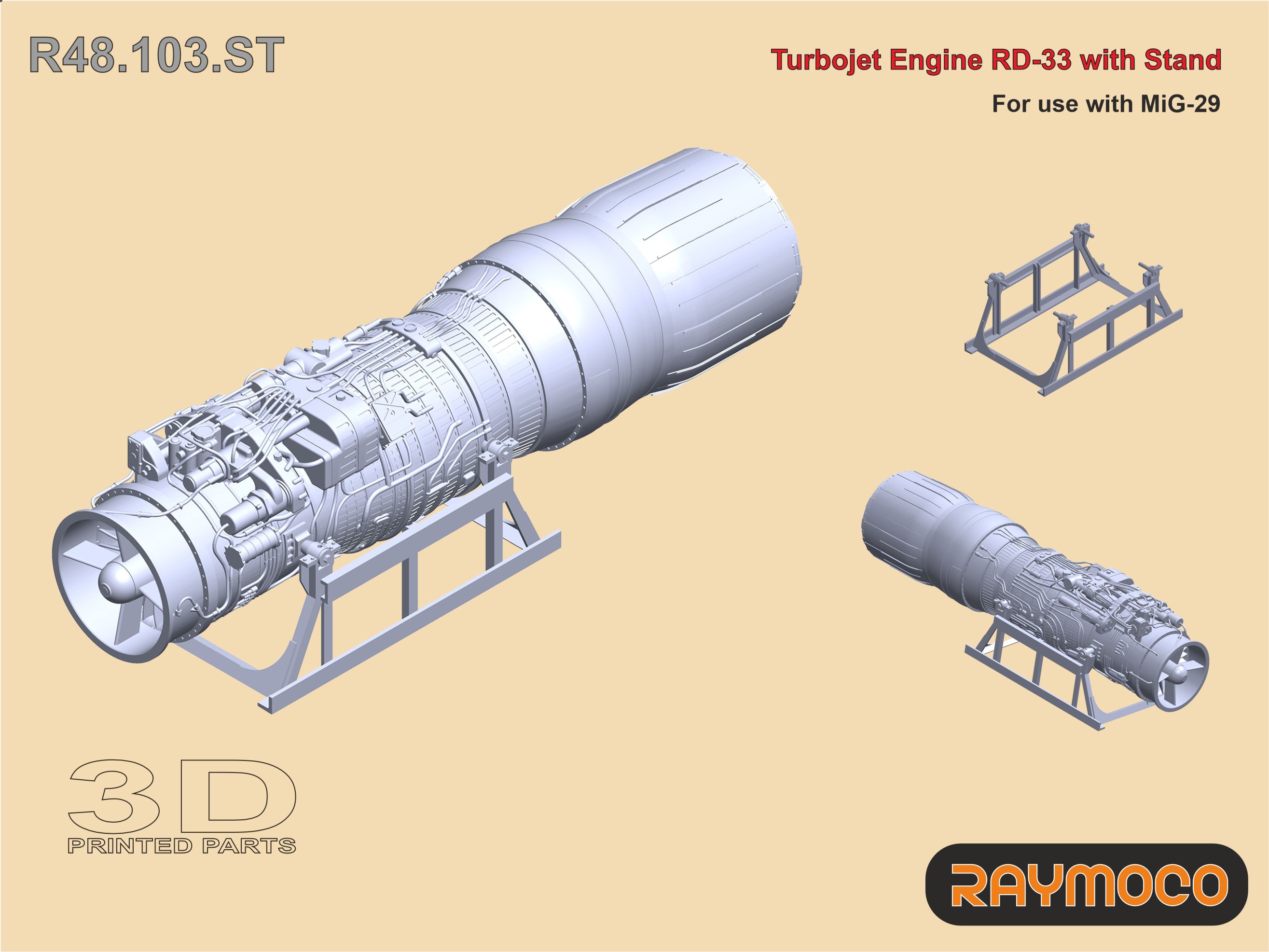 Additions (3D resin printing) 1/48 Turbo Jet Engine RD-33/w Stand (MiG-29) (Raymoco)