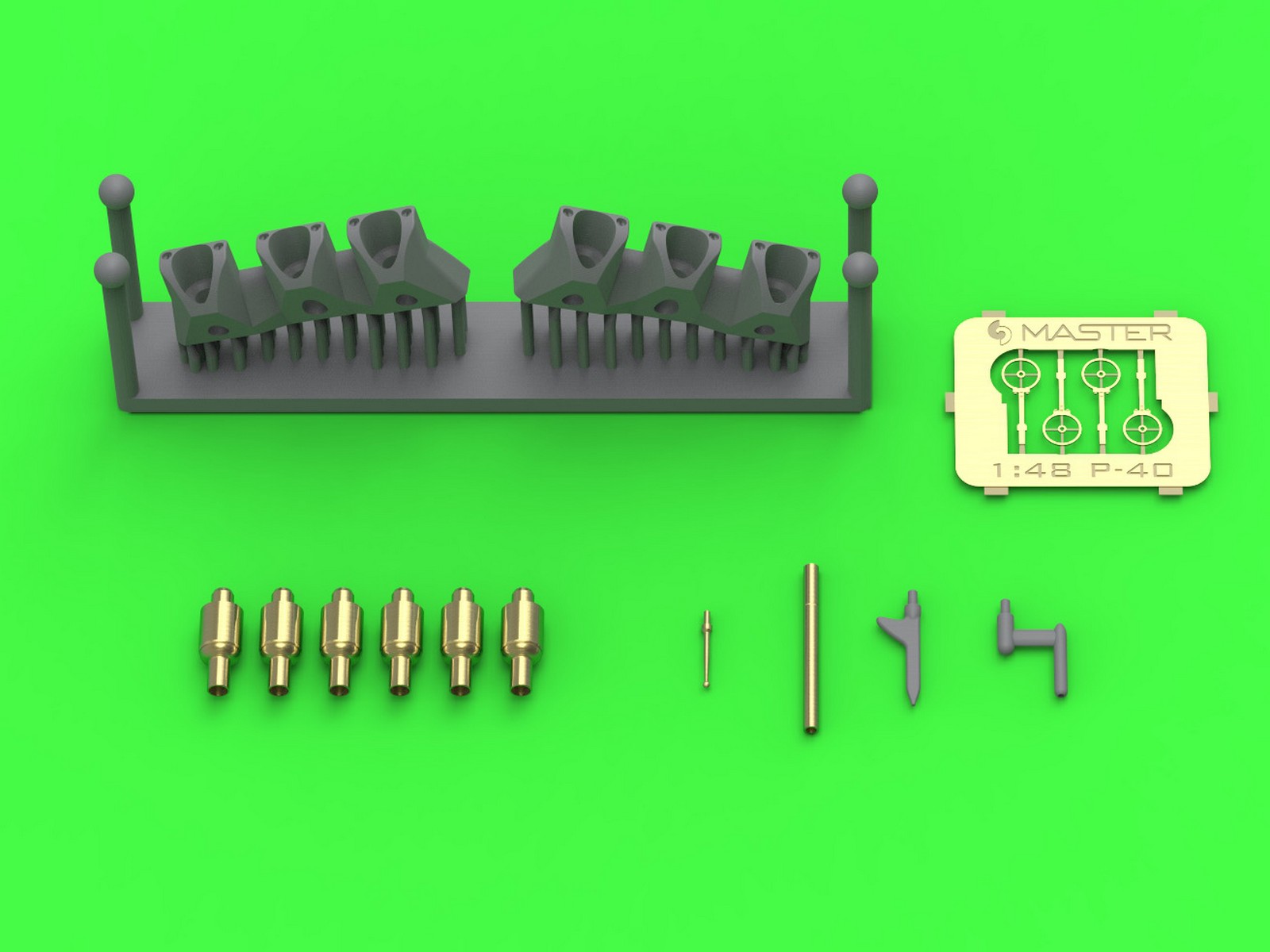 Aircraft detailing sets (brass) 1/48 Curtiss P-40E - gunsight & Pitot Tube & Browning .50 blast tubes with adapter (designed to be used with Eduard model kits)