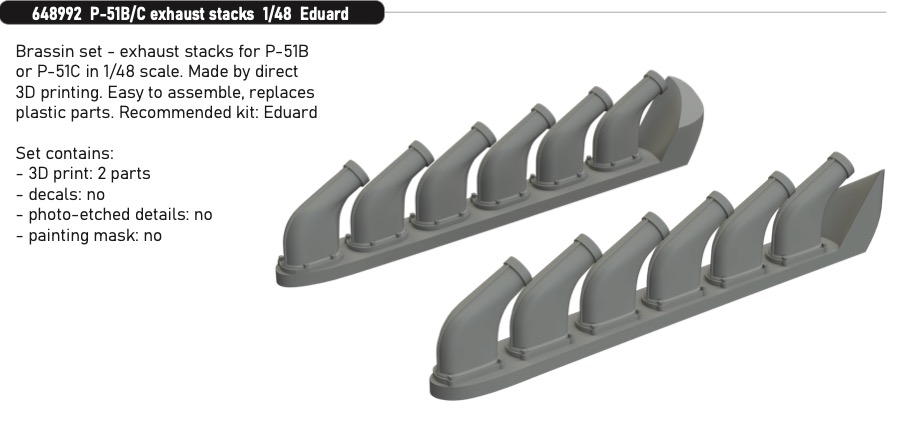 Additions (3D resin printing) 1/48 North-American P-51B/P-51C exhaust stacks 1/48 (designed to be used with Eduard kits)