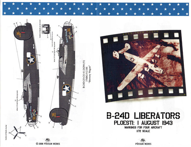 Decal 1/72 Consolidated B-24D Liberators Ploesti Raid 1st Aug 1943 (4) (Possum Werks)