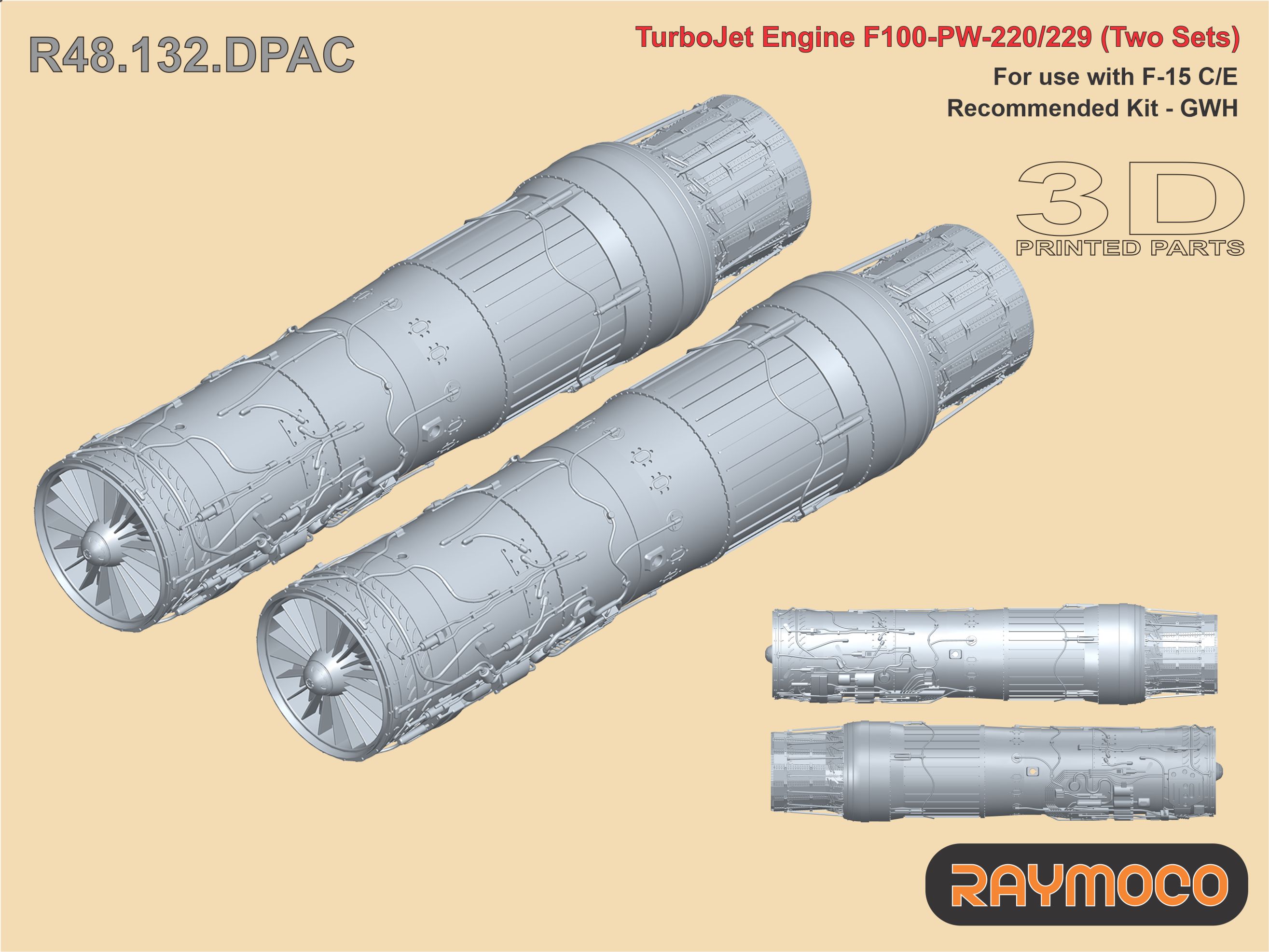 Additions (3D resin printing) 1/48 Turbo Jet Engine F100-PW-220/229 (2 sets) (Raymoco)