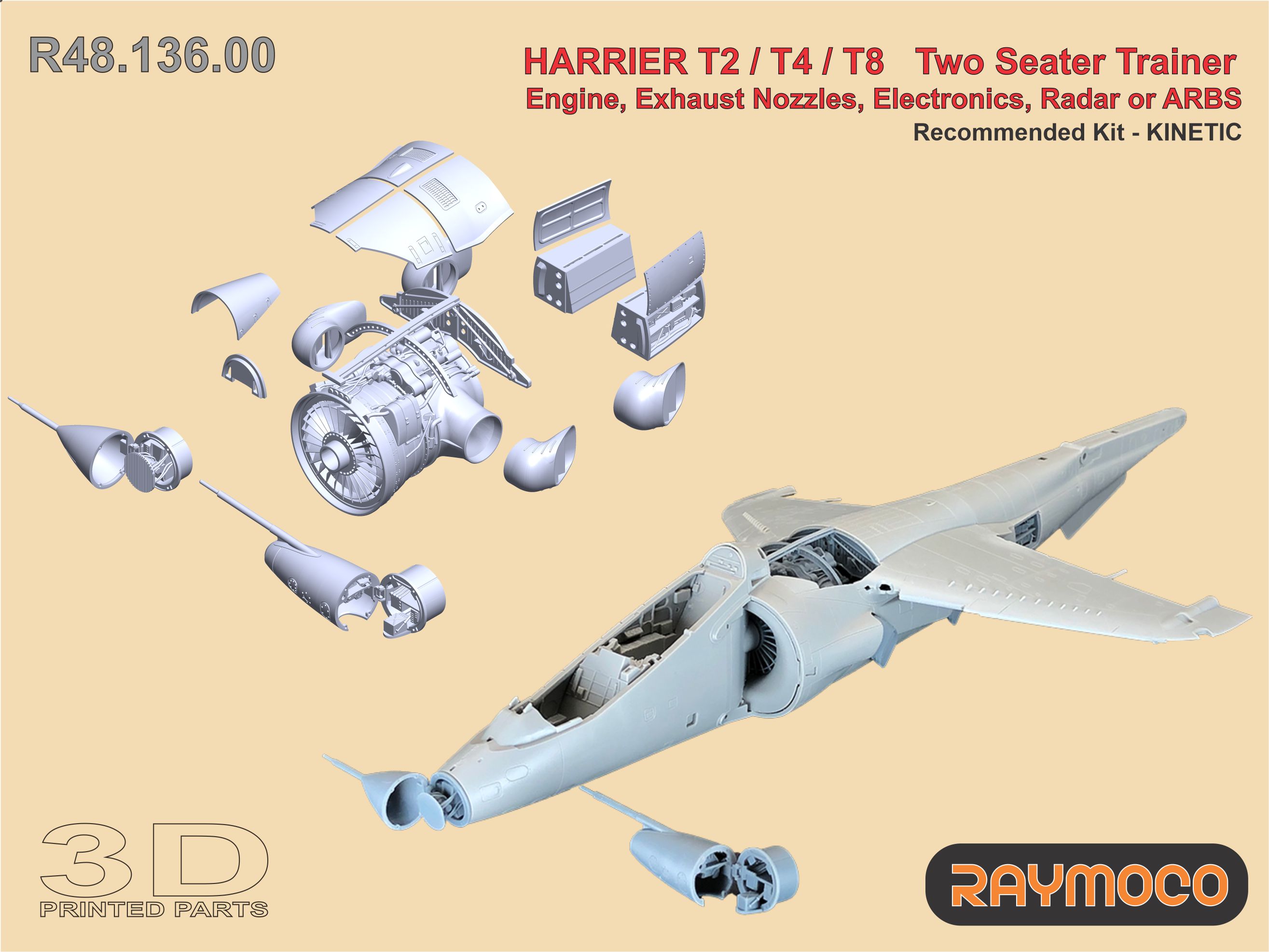 Additions (3D resin printing) 1/48 HARRIER T2/T4/T8 Engine, Nozzles, Electronics, Radar or ARBS. (Raymoco)