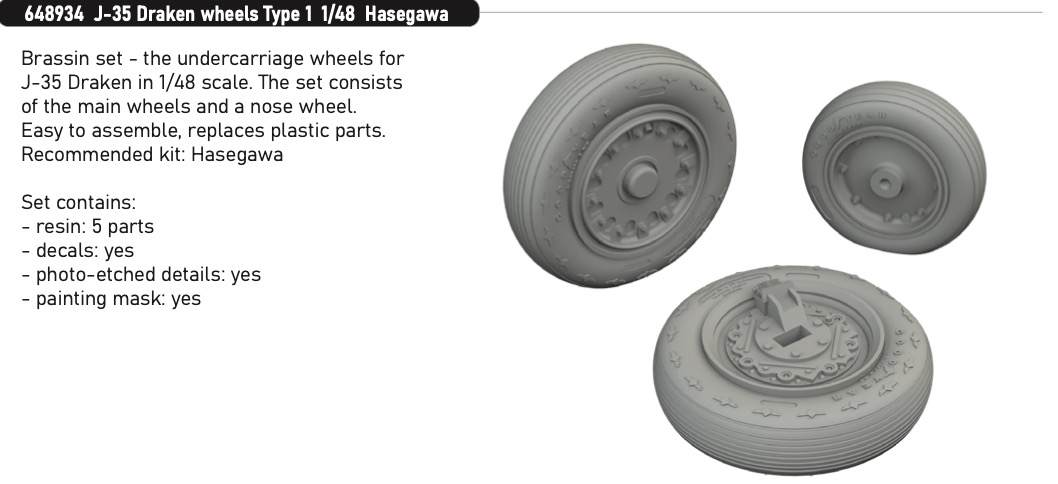 Additions (3D resin printing) 1/48 Saab J-35 Draken wheels Type 1 1/48 (designed to be used with Hasegawa kits) [J-35F/J-35J]