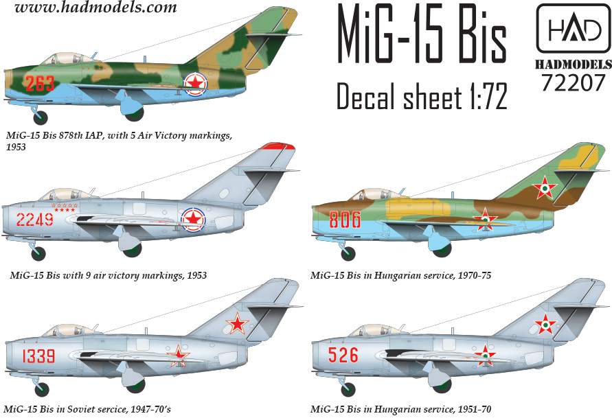 Decal 1/72 MiG-15Bis (North Korea, USSR, Hungary) (HAD)