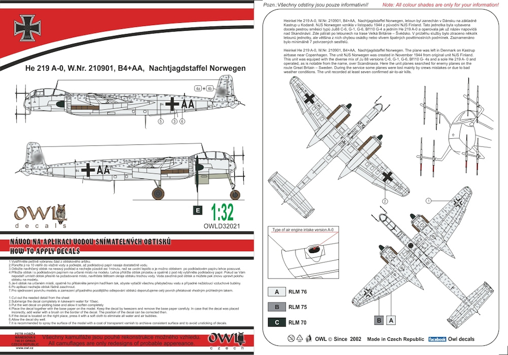 Decal 1/32 Heinkel He219A-0, (B4+AA, Nachtjagdstaffel Norwegen) (Owl Decals)