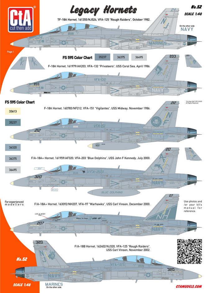 Decal 1/48 "Legacy Hornets" - McDonnell-Douglas TF-18A, F-18A, F-18A+, F/A-18B. (Cut then Add)