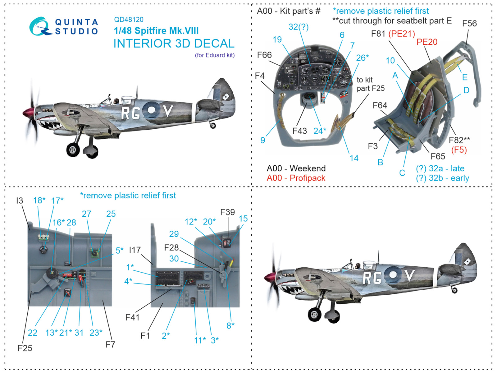 Spitfire Mk.VIII 3D-Printed & coloured Interior on decal paper (Eduard)