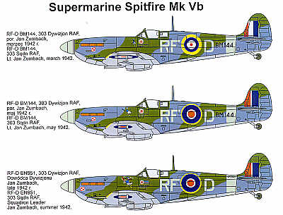 Decal 1/32 Supermarine Spitfire Mk.Vb (5) RM144 RF-D 303 Polish Sqn 3 versions' (Techmod)