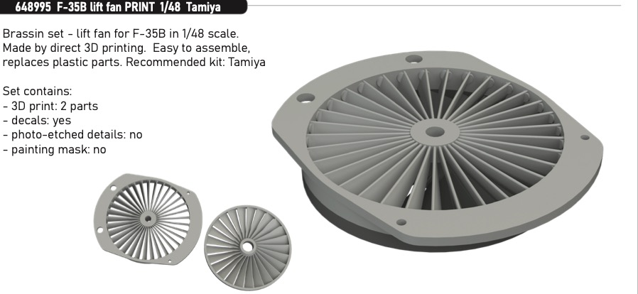 Additions (3D resin printing) 1/48 Lockheed-Martin F-35B Lightning II lift fan 3D-Printed 1/48 (designed to be used with Tamiya kits)