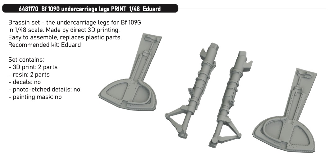 Additions (3D resin printing) 1/48 Messerschmitt Bf-109G undercarriage legs 3D-Printed 1/48 (designed to be used with Eduard kits)
