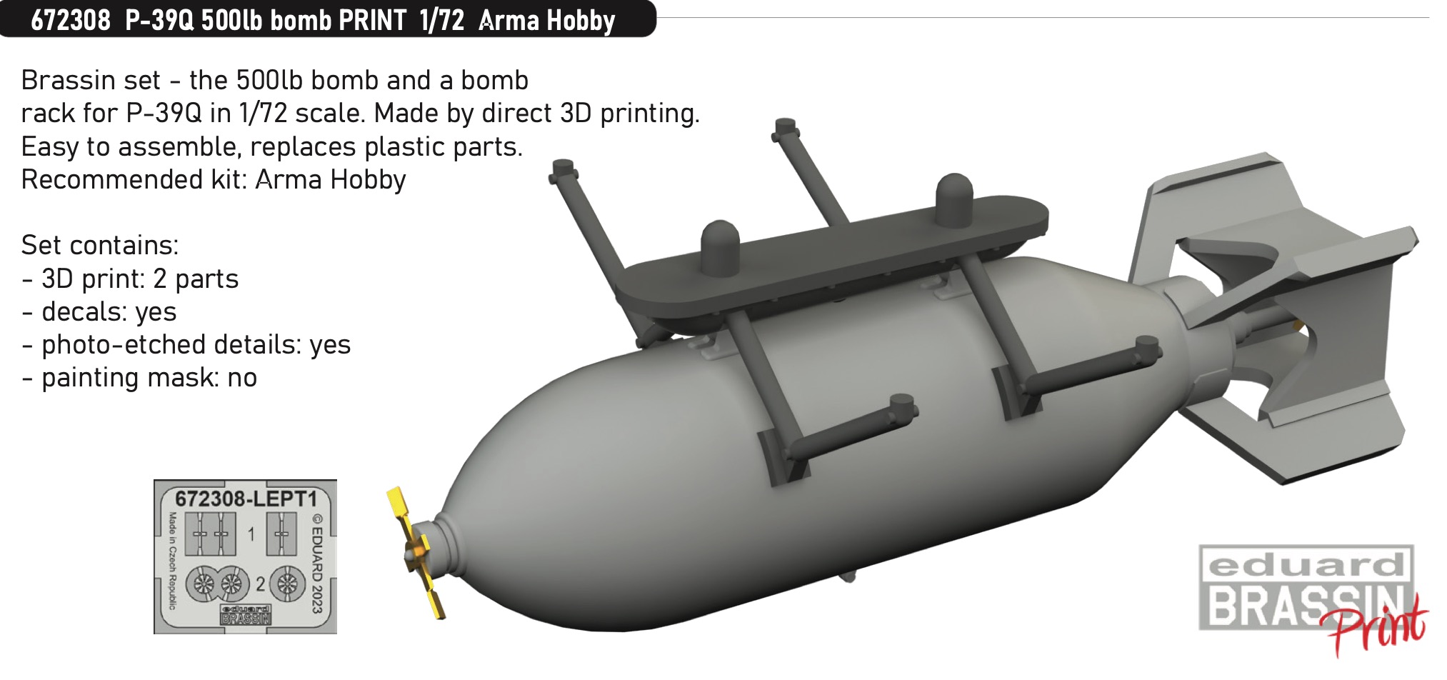 Additions (3D resin printing) 1/72 Bell P-39Q Airacobra 500lb bomb 3D-Printed (designed to be used with Arma Hobby kits)