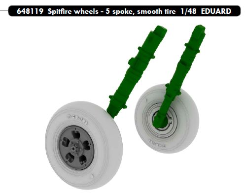 Additions (3D resin printing) 1/48 Supermarine Spitfire Mk.IXc/Mk.IXe wheels with weighted tyre effect - 5 spoke, smooth tire/tyre (designed to be used with Eduard kits) 