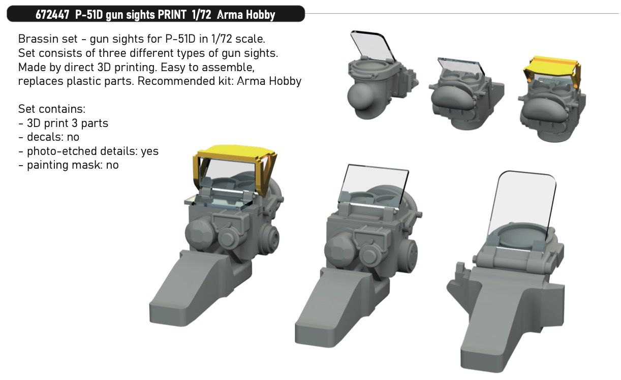 Additions (3D resin printing) 1/72 North-American P-51D Mustang gun sights (3D-Printed) 1/72 (designed to be used with Arma Hobby kits)