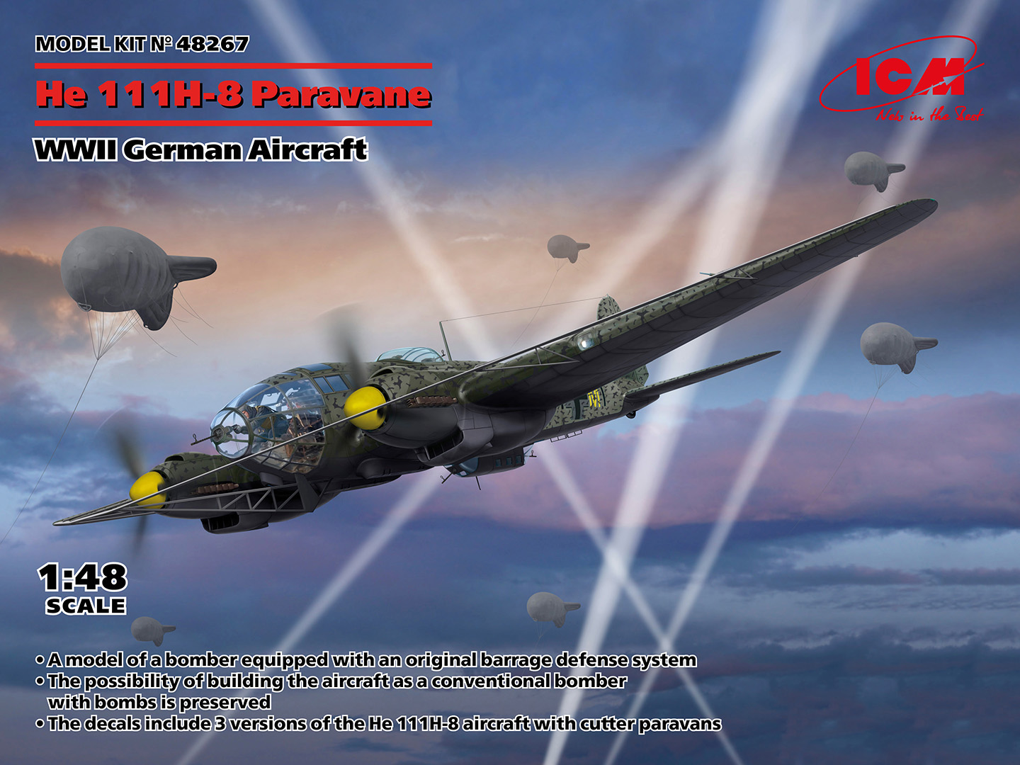 Model kit 1/48 He 111H-8 Paravane, German WWII Aircraft (ICM)