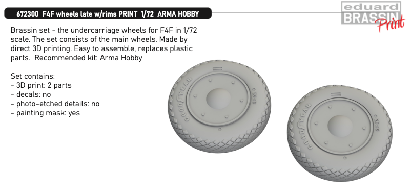 Additions (3D resin printing) 1/72 Grumman F4F wheels late w/rims 3D-Printed (designed to be used with Arma Hobby kits) [F4F-4] 