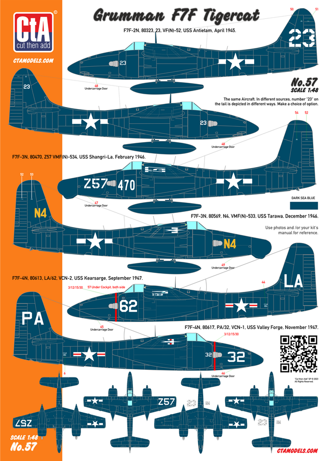 Decal 1/48 Grumman F7F Tigercat - Carrier-based Night Fighters, USMC/USN, 5 Markings. (Cut then Add)