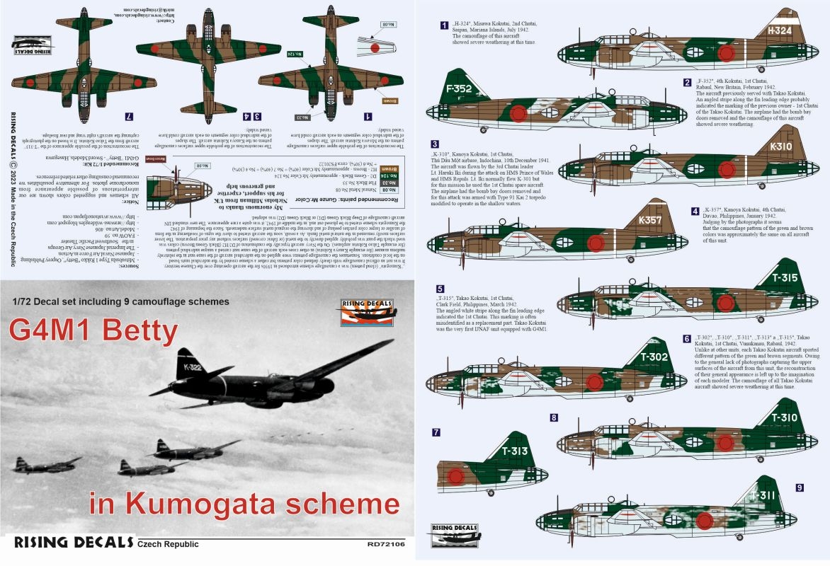 Decal 1/72 Mitsubishi G4M1 Betty in Kumogata scheme (9x) (Rising Decals)