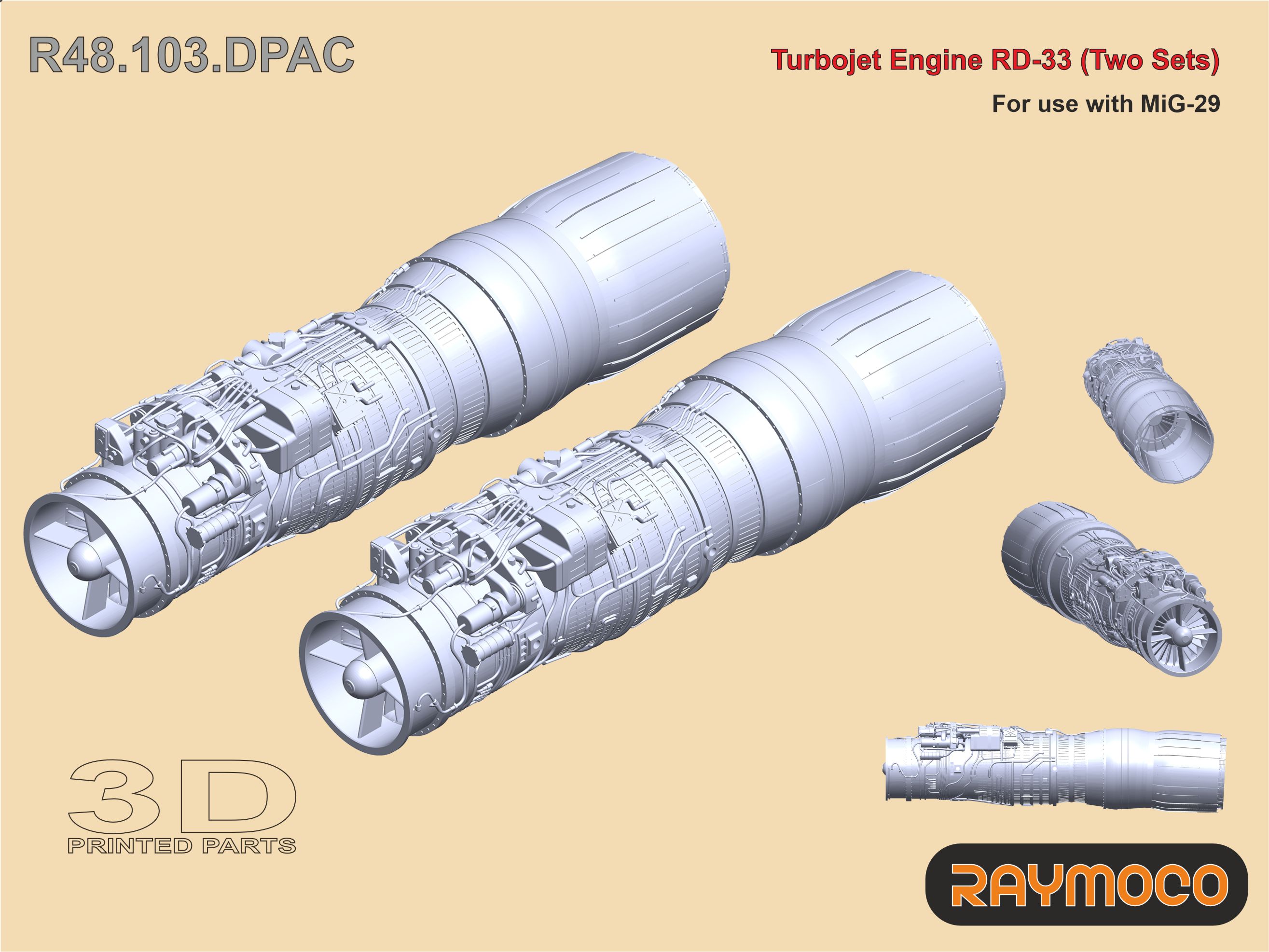 Additions (3D resin printing) 1/48 Turbo Jet Engine RD-33 (2 Sets) (Raymoco)