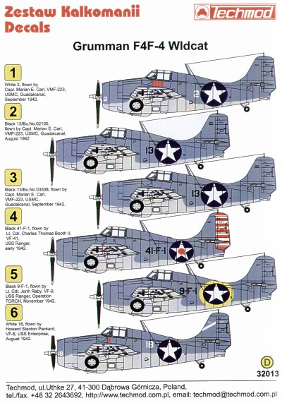 Decal 1/32 Re-printed! Grumman F4F-4 Wildcat (6) White 2 and Black 13 2 versions (Techmod)