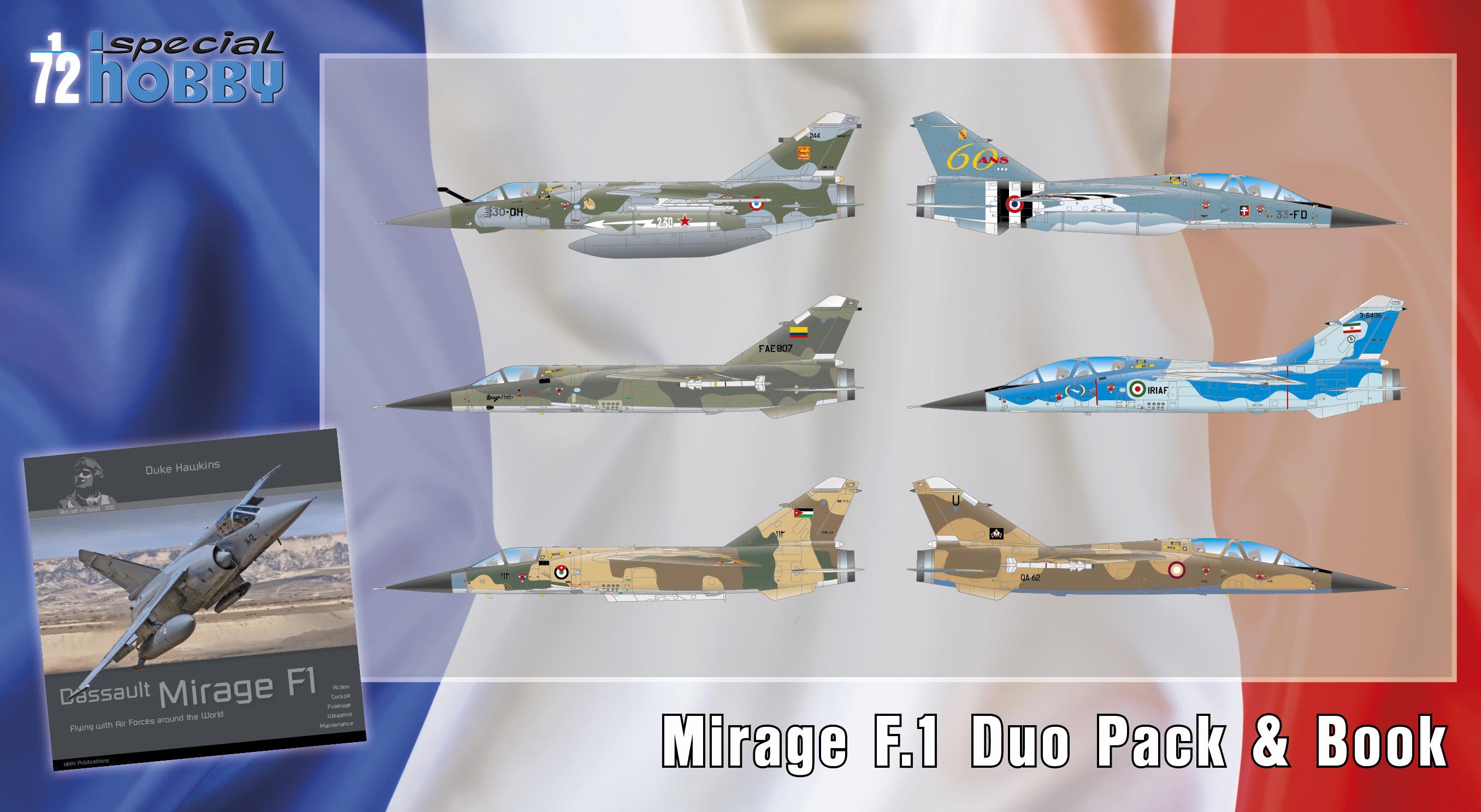 Model kit 1/72 Mirage F.1 DUO PACK & Book (6x camo) (Special Hobby)