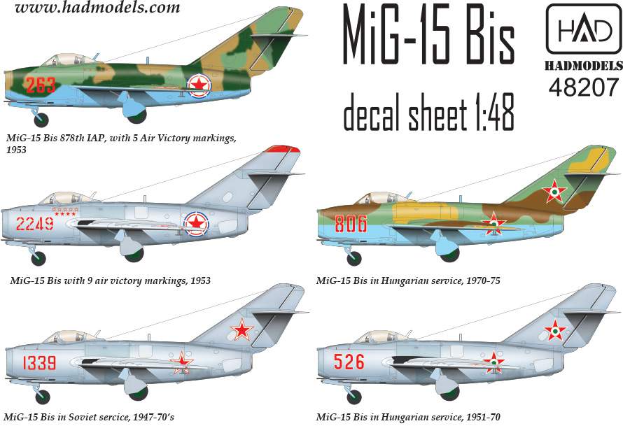 Decal 1/48 MiG-15 Bis (North Korea, USSR,Hungary) (HAD)