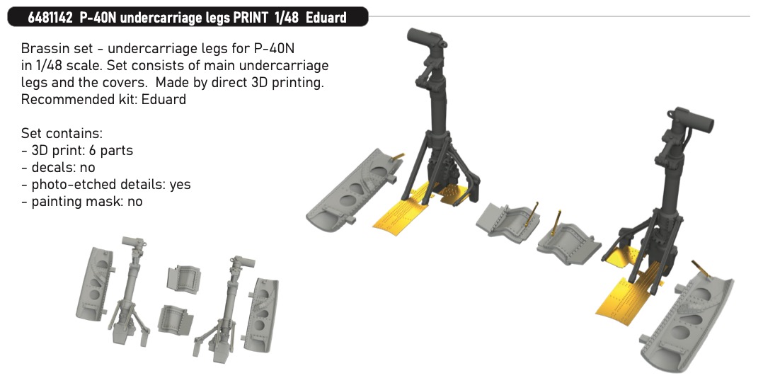 Additions (3D resin printing) 1/48 Curtiss P-40N Warhawk undercarriage legs (3d-printed) 1/48 (designed to be used with Eduard kits)