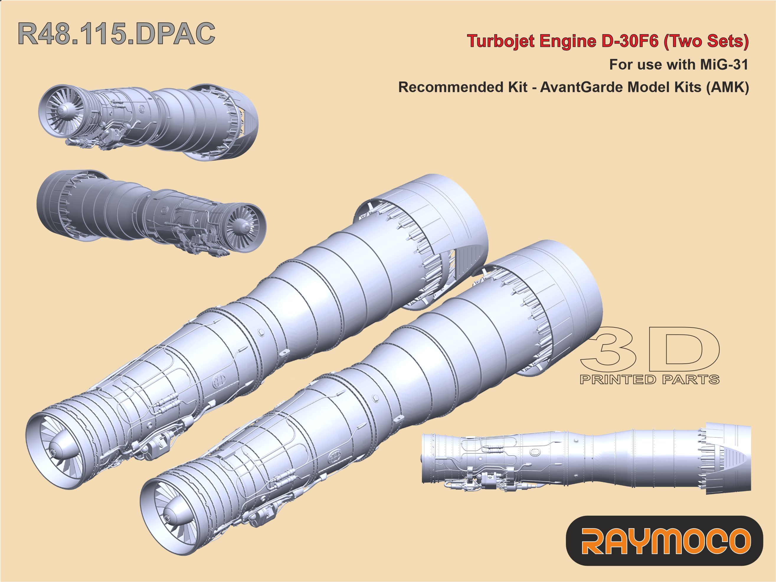 Additions (3D resin printing) 1/48 Turbo Jet Engine D-30F6 (AMK) (2 Sets) (Raymoco)