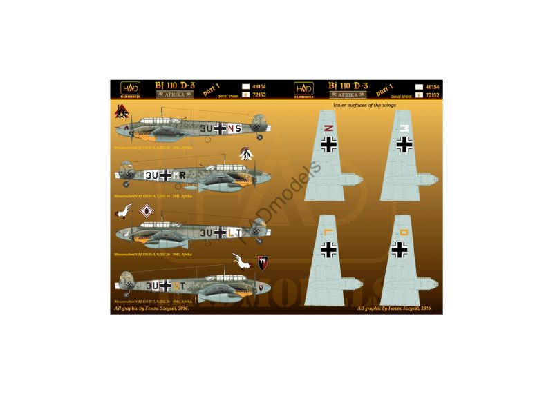 Decal 1/72 Bf 110 D-3/E-2 'AFRIKA'  Part 1 (HAD)