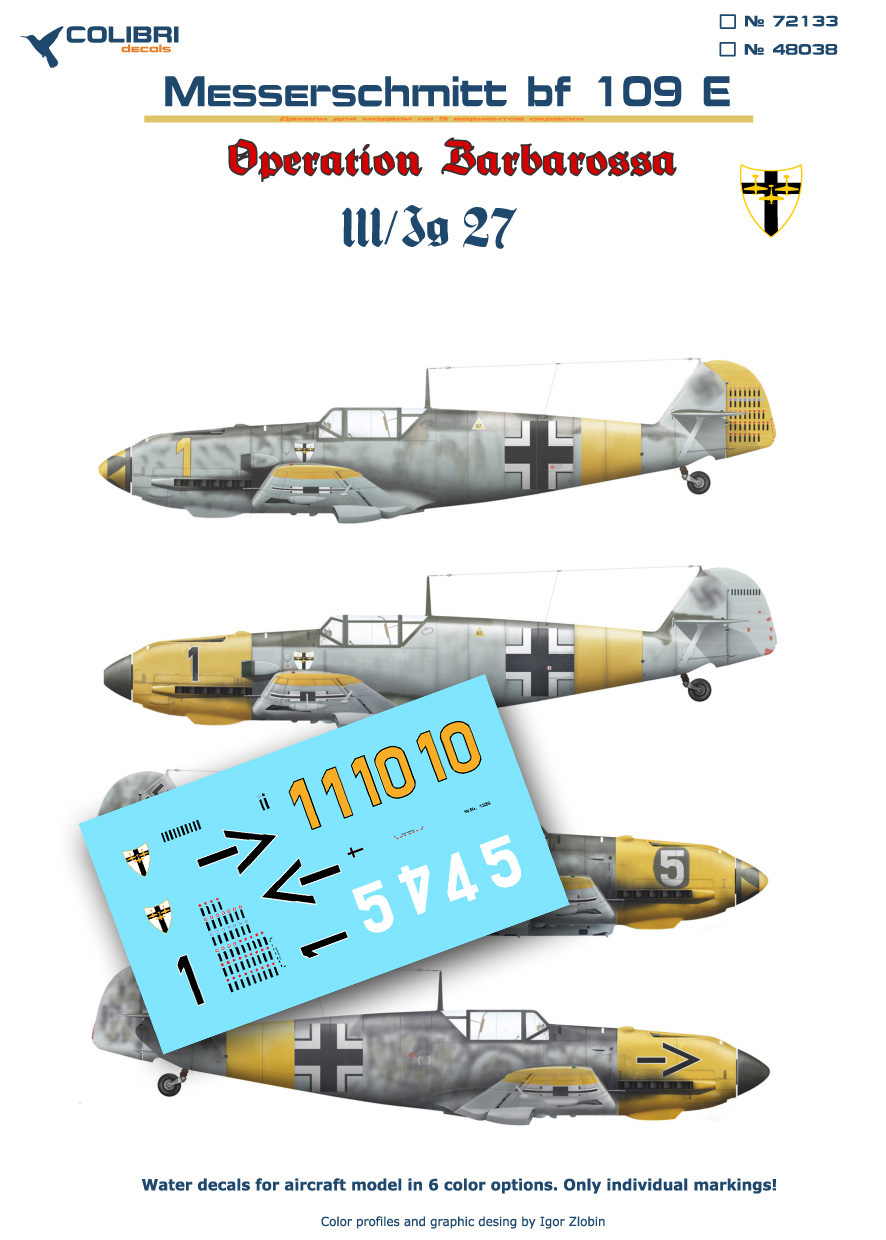 Decal 1/72 Bf-109 E III/JG 27 (Operation Barbarossa) Part I (Colibri Decals)