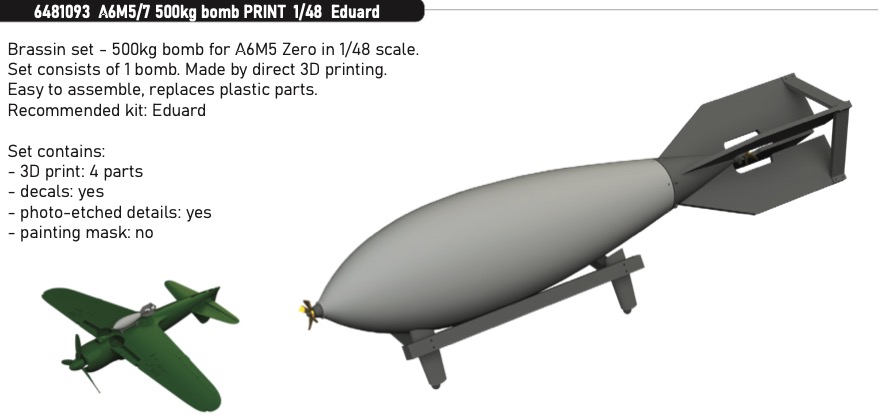 Additions (3D resin printing) 1/48 Mitsubishi A6M5/A6M7 Zero 500kg bomb 3D-Printed 1/48 (designed to be used with Eduard kits)