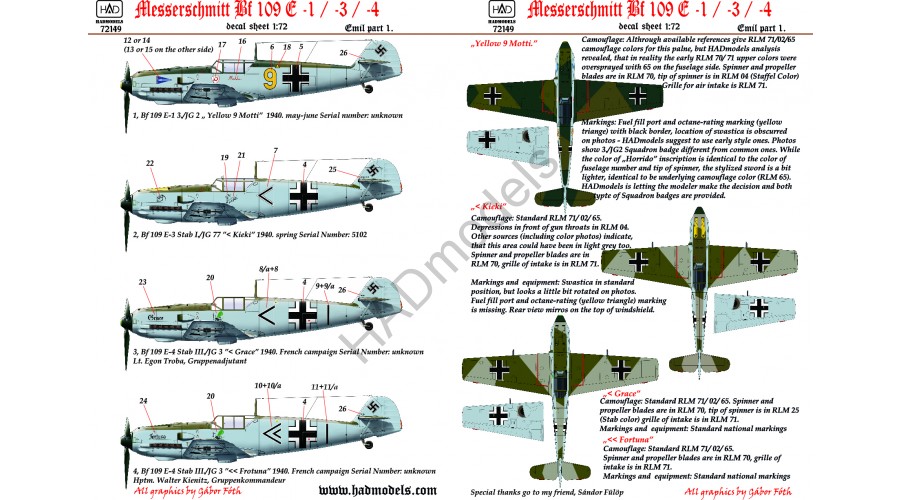 Decal 1/72 Bf 109E1/E3/E4 (4x camo) Part 1 (HAD)