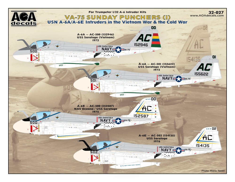 Decal 1/32 VA-75 SUNDAY PUNCHERS (1) USN Grumman A-6A/A-6E Intruders in the Vietnam War & the Cold War. (AOA Decals)
