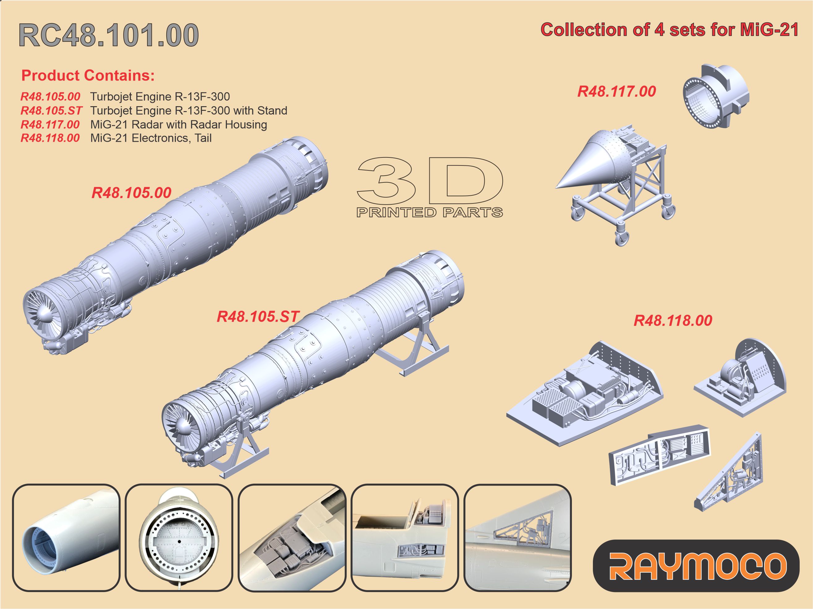 Additions (3D resin printing) 1/48 Collection of 4 sets for MiG-21 (Raymoco)