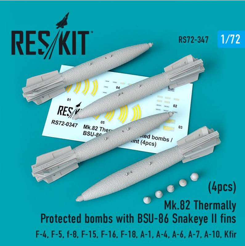 Additions (3D resin printing) 1/72 Mk-82 Thermally Protected bombs with BSU-86 Snakeye II fins (4pcs) (ResKit)