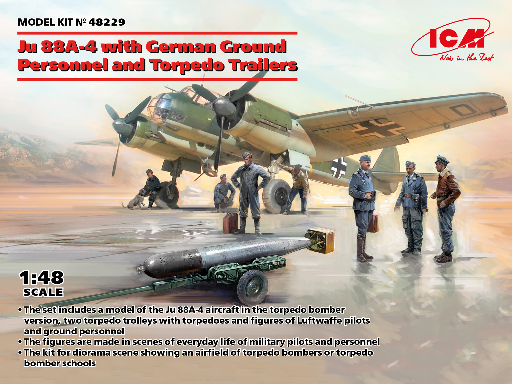 Model kit 1/48 Junkers Ju-88A-4 with German Ground Personnel and Torpedo Trailers (ICM)