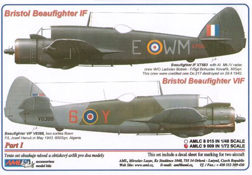 Decal 1/72 Bristol Beaufighter Mk.IF X7583 (WM-E + WM-T) (AML)
