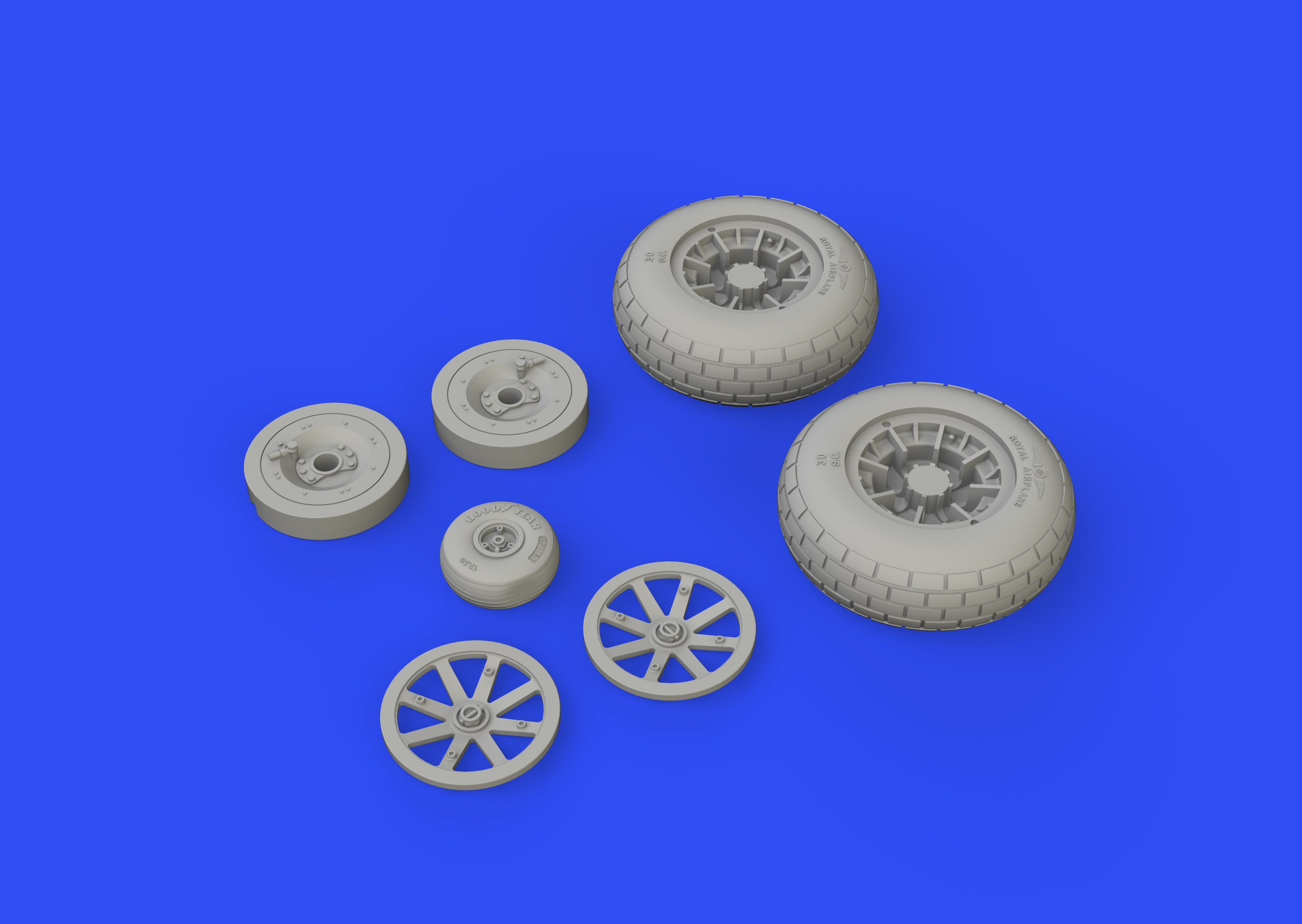 Additions (3D resin printing) 1/32 Curtiss P-40N Warhawk wheels with weighted tyre effect (designed to be used with Trumpeter kits) 