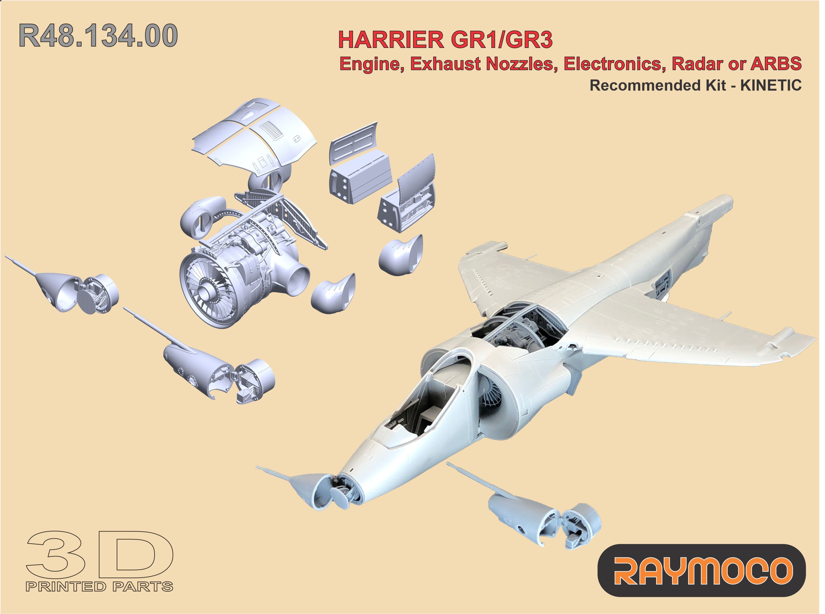 Additions (3D resin printing) 1/48 HARRIER GR1/GR3 Engine, Nozzles, Electronics, Radar or ARBS.(Raymoco)