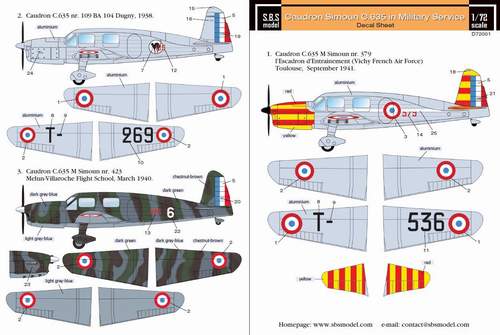 Decal 1/72 Caudron Simoun in military service for Heller kit (decal sheet) (SBS Model)