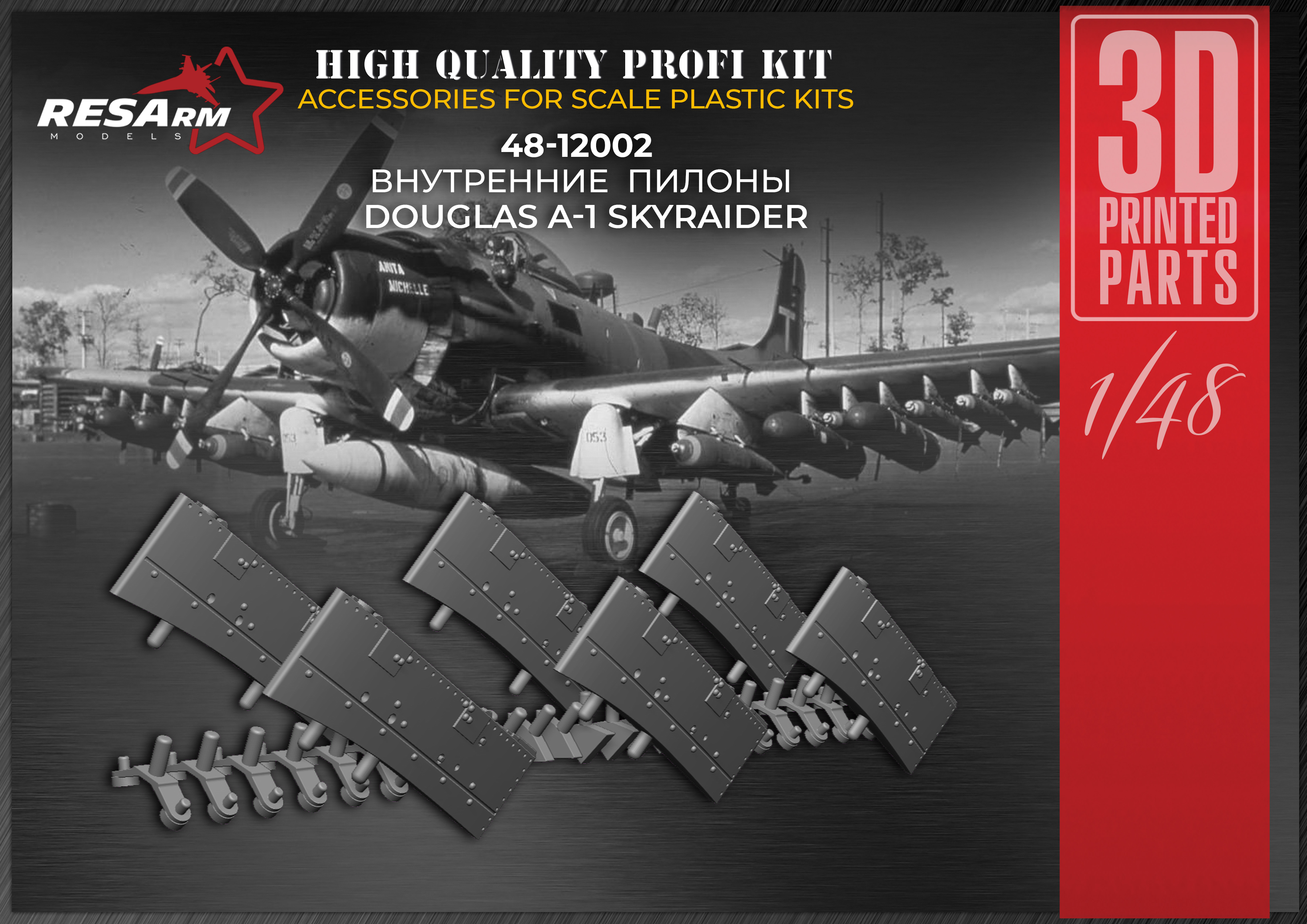 Additions (3D resin printing) 1/48 Douglas A-1 Skyraider internal pylons (RESArm) (damage box)