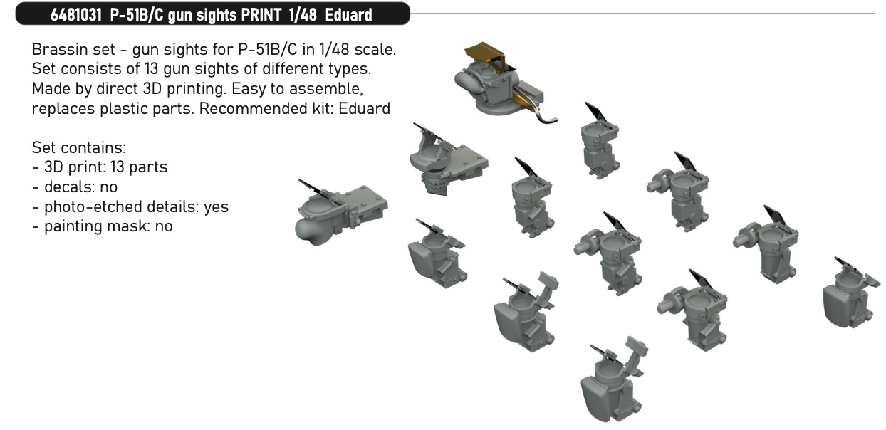 Additions (3D resin printing) 1/48 North-American P-51B/C gun sights PRINT 1/48 (designed to be used with Eduard kits)