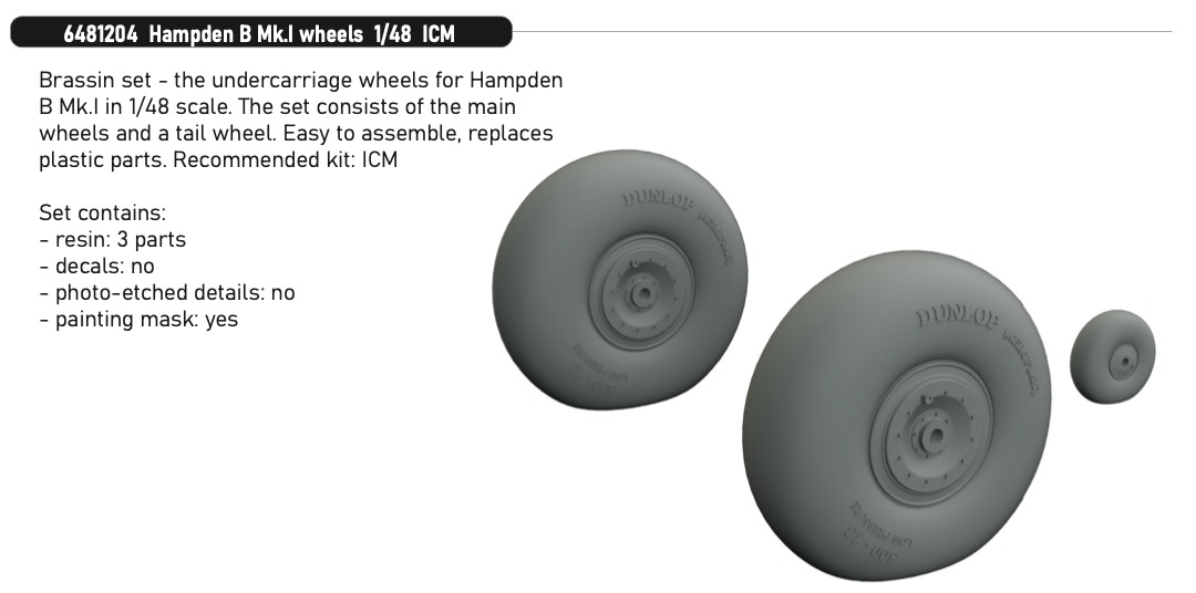 Additions (3D resin printing) 1/48 Handley-Page Hampden B Mk.I wheels 1/48 (designed to be used with ICM UA UK kits)