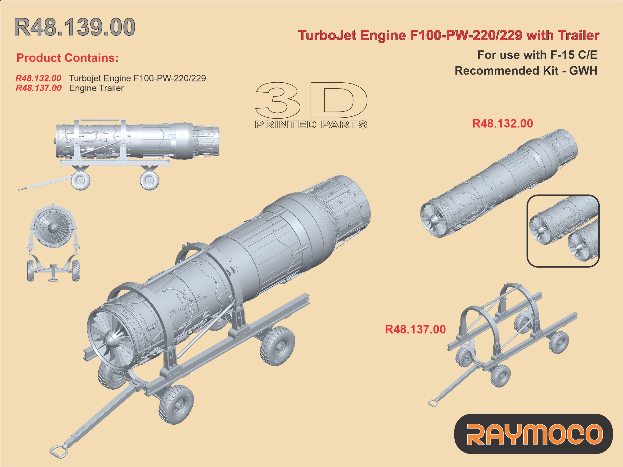 Additions (3D resin printing) 1/48 Turbo Jet Engine F100-PW-220/229 /w Engine Trailer (GWH) (Raymoco)