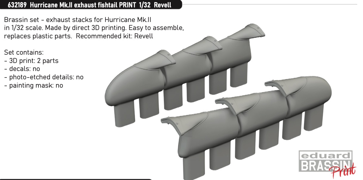 Additions (3D resin printing) 1/32 Hawker Hurricane Mk.II exhaust fishtail 3D-Printed (designed to be used with Revell kits)