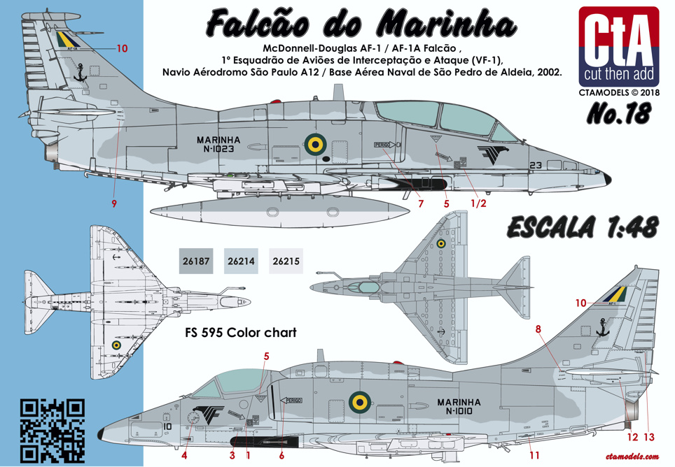 Decal 1/48 "Falcao do Marinha" (Brazilian Navy AF-1 and AF-1A - both based on Douglas A-4M Skyhawk airframe) (Cut then Add)