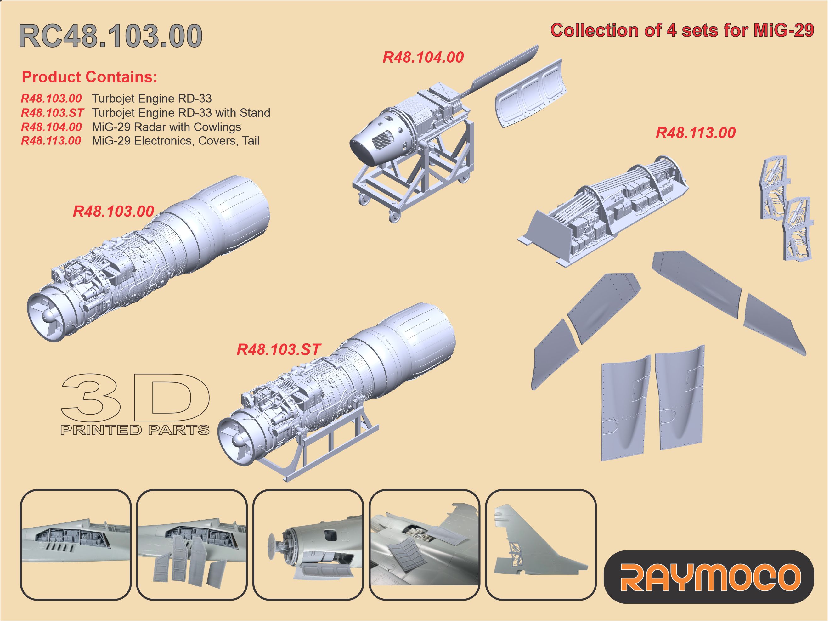 Additions (3D resin printing) 1/48 Collection of 4 sets for MiG-29 (Raymoco)