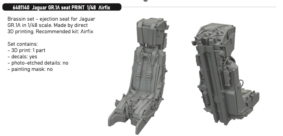 Additions (3D resin printing) 1/48 Sepecat Jaguar GR.1A seat (3d-printed) 1/48 (designed to be used with Airfix kits)